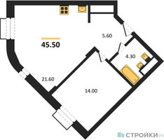 Планировка однокомнатной(квартира) площадью 45.5 квадратных метров в “ЖК Резиденции Сколково”