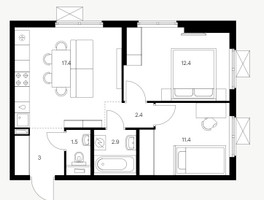 Планировка двухкомнатной(квартира) площадью 51 квадратных метров в “ЖК Юнино”