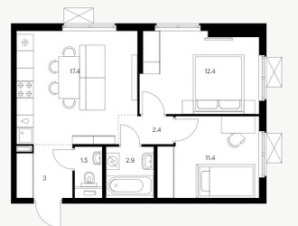 Планировка двухкомнатной(квартира) площадью 51 квадратных метров в ЖК “ЖК Юнино”