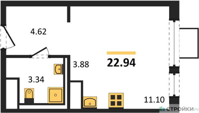 Планировка студии(квартира) площадью 22.94 квадратных метров в ЖК “ЖК Пригород Лесное”