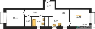 Планировка двухкомнатной(квартира) площадью 46.79 квадратных метров в ЖК “ЖК Новоград Павлино”