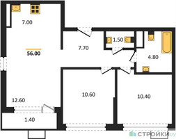 Планировка двухкомнатной(квартира) площадью 56 квадратных метров в “ЖК Южные сады”