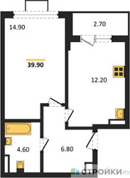 Планировка однокомнатной(квартира) площадью 39.9 квадратных метров в ЖК “ЖК Бунинские кварталы”
