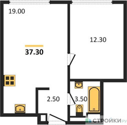 Планировка однокомнатной(квартира) площадью 37.3 квадратных метров в ЖК “ЖК Wave (Вейв)”