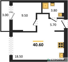 Планировка однокомнатной(квартира) площадью 40.6 квадратных метров в “ЖК Первый квартал”