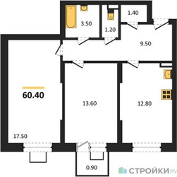 Планировка двухкомнатной(квартира) площадью 60.4 квадратных метров в ЖК “ЖК Видный берег 2”