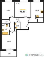 Планировка трехкомнатной(квартира) площадью 73.63 квадратных метров в “Жилые кварталы Новое Пушкино”