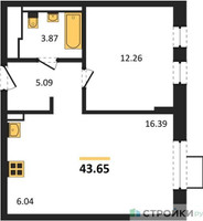 Планировка однокомнатной(квартира) площадью 43.65 квадратных метров в “ЖК Егорово Парк”