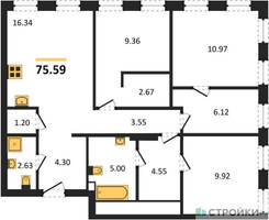 Планировка трехкомнатной(квартира) площадью 75.59 квадратных метров в “ЖК Insider (Инсайдер)”