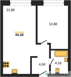 Планировка однокомнатной(квартира) площадью 43.2 квадратных метров в ЖК “ЖК Moments (Моментс)”