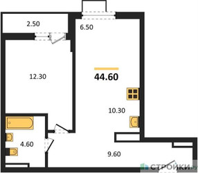 Планировка однокомнатной(квартира) площадью 44.6 квадратных метров в ЖК “ЖК Дзен-кварталы”