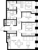 Планировка трехкомнатной(квартира) площадью 74.56 квадратных метров в “ЖК Сити Бэй”