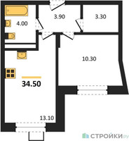 Планировка однокомнатной(квартира) площадью 34.5 квадратных метров в “ЖК ОБЛАКА-2”
