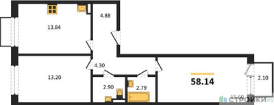 Планировка двухкомнатной(квартира) площадью 58.14 квадратных метров в ЖК “ЖК Новое Внуково”