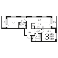 Планировка трехкомнатной(квартира) площадью 58.8 квадратных метров в “Новые Ватутинки. Заречный”