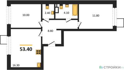 Планировка двухкомнатной(квартира) площадью 53.4 квадратных метров в ЖК “ЖК Лесная Отрада”