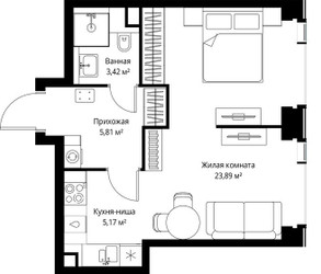 Планировка однокомнатной(квартира) площадью 38.29 квадратных метров в ЖК “Мультиквартал СИТИДЗЕН”
