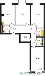 Планировка трехкомнатной(квартира) площадью 78.36 квадратных метров в ЖК “ЖК Мытищи Парк”