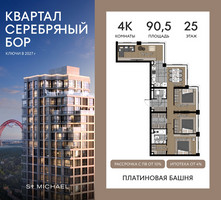 Планировка 4+ комнатной(квартира) площадью 90.5 квадратных метров в “ЖК Квартал Серебряный бор”
