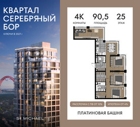 Планировка 4+ комнатной(квартира) площадью 90.5 квадратных метров в ЖК “ЖК Квартал Серебряный бор”