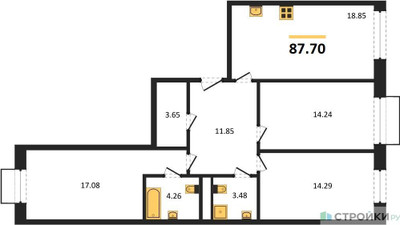 Планировка трехкомнатной(квартира) площадью 87.7 квадратных метров в ЖК “ЖК Новоград Павлино”