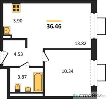 Планировка однокомнатной(квартира) площадью 36.46 квадратных метров в “ЖК Подольские кварталы”