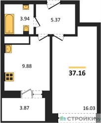 Планировка однокомнатной(квартира) площадью 37.16 квадратных метров в ЖК “ЖК ВОСТОК II”