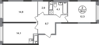 Планировка двухкомнатной(квартира) площадью 56.9 квадратных метров в “ЖК Переделкино Ближнее”
