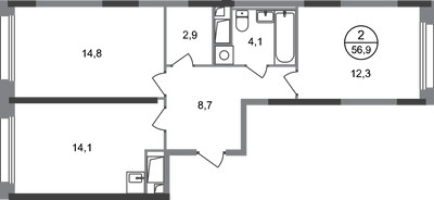 Планировка двухкомнатной(квартира) площадью 56.9 квадратных метров в ЖК “ЖК Переделкино Ближнее”