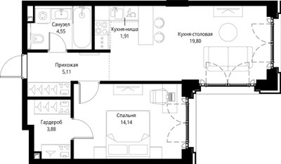 Планировка однокомнатной(квартира) площадью 49.39 квадратных метров в ЖК “ЖК Сити Бэй”