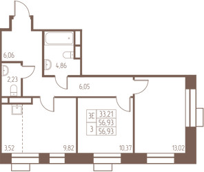Планировка трехкомнатной(квартира) площадью 56.9 квадратных метров в ЖК “ЖК Западная Ивантеевка”