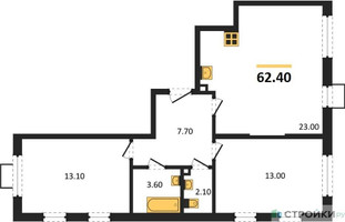 Планировка двухкомнатной(квартира) площадью 62.4 квадратных метров в “ЖК Лучи-2”