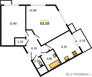 Планировка двухкомнатной(квартира) площадью 52.1 квадратных метров в ЖК “ЖК Датский Квартал”