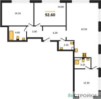 Планировка трехкомнатной(квартира) площадью 93.4 квадратных метров в “ЖК Вейв”