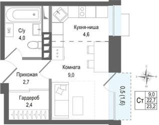 Планировка студии(квартира) площадью 22.7 квадратных метров в ЖК “ЖК КИНОКВАРТАЛ”