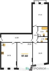 Планировка трехкомнатной(квартира) площадью 97.6 квадратных метров в ЖК “ЖК Эльйон”