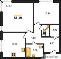 Планировка двухкомнатной(квартира) площадью 56.19 квадратных метров в “ЖК Одинград. Квартал Семейный”