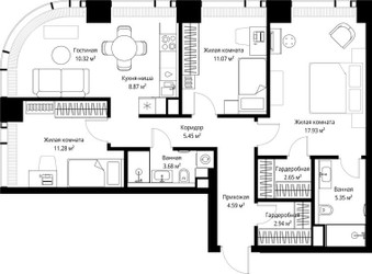 Планировка трехкомнатной(квартира) площадью 84.13 квадратных метров в ЖК “ЖК Веер”