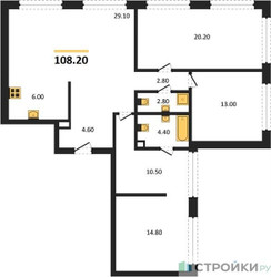 Планировка трехкомнатной(квартира) площадью 108.2 квадратных метров в ЖК “ЖК Мангазея в Богородском”