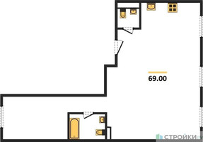 Планировка трехкомнатной(квартира) площадью 69.2 квадратных метров в “ЖК ЭкоБунино (Южное Бунино)”