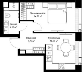 Планировка однокомнатной(квартира) площадью 34.89 квадратных метров в ЖК “ЖК Веер”