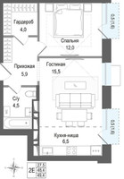 Планировка двухкомнатной(квартира) площадью 48.4 квадратных метров в “ЖК КИНОКВАРТАЛ”