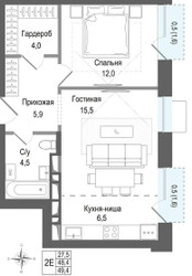 Планировка двухкомнатной(квартира) площадью 48.4 квадратных метров в ЖК “ЖК КИНОКВАРТАЛ”