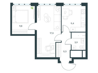 Планировка двухкомнатной(квартира) площадью 45.9 квадратных метров в ЖК “ЖК Левел Южнопортовая”