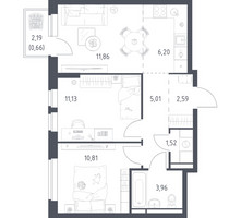 Планировка двухкомнатной(квартира) площадью 53.74 квадратных метров в “ЖК Новое Видное”