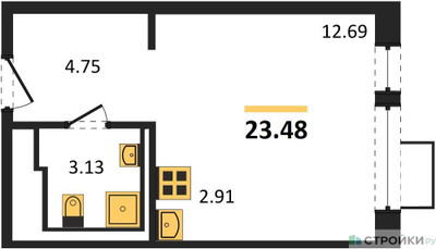 Планировка студии(квартира) площадью 23.48 квадратных метров в ЖК “ЖК Квартал Авиаторов”