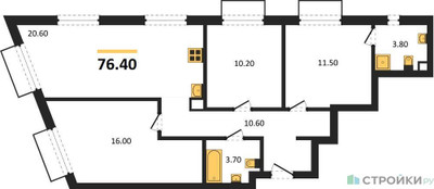 Планировка трехкомнатной(квартира) площадью 76.4 квадратных метров в ЖК “ЖК Дмитровское небо”