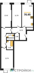 Планировка трехкомнатной(квартира) площадью 70.95 квадратных метров в “ЖК Новотомилино”