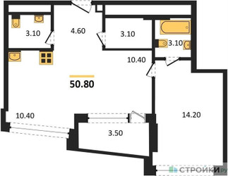 Планировка однокомнатной(квартира) площадью 50.8 квадратных метров в ЖК “ЖК ROTTERDAM (Роттердам)”