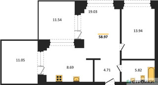 Планировка однокомнатной(квартира) площадью 58.97 квадратных метров в “ЖК NOVA (Нова)”
